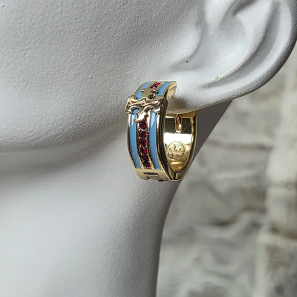 Tory Burch Gold Earrings with Blue and Red Accents - Picture 2 of 3